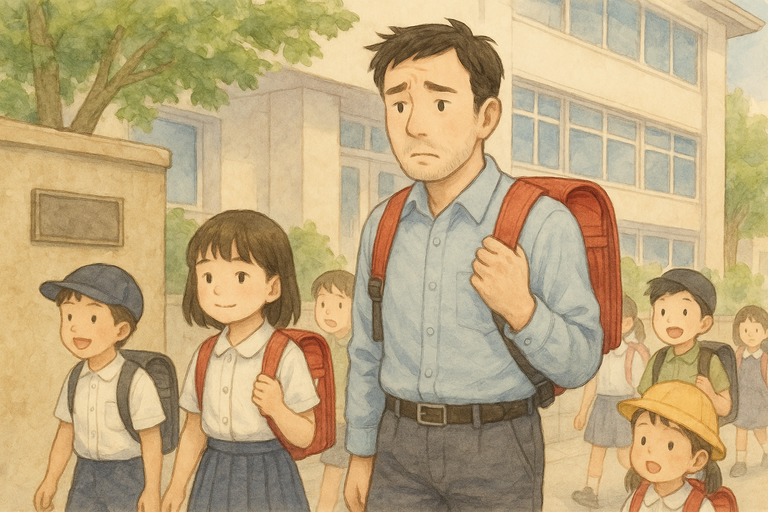 子どもたちと一緒に登校する社会人男性のイラスト。学校の夢を見る大人の心理と学び直しの象徴を解説する夢診断コラムのアイキャッチ