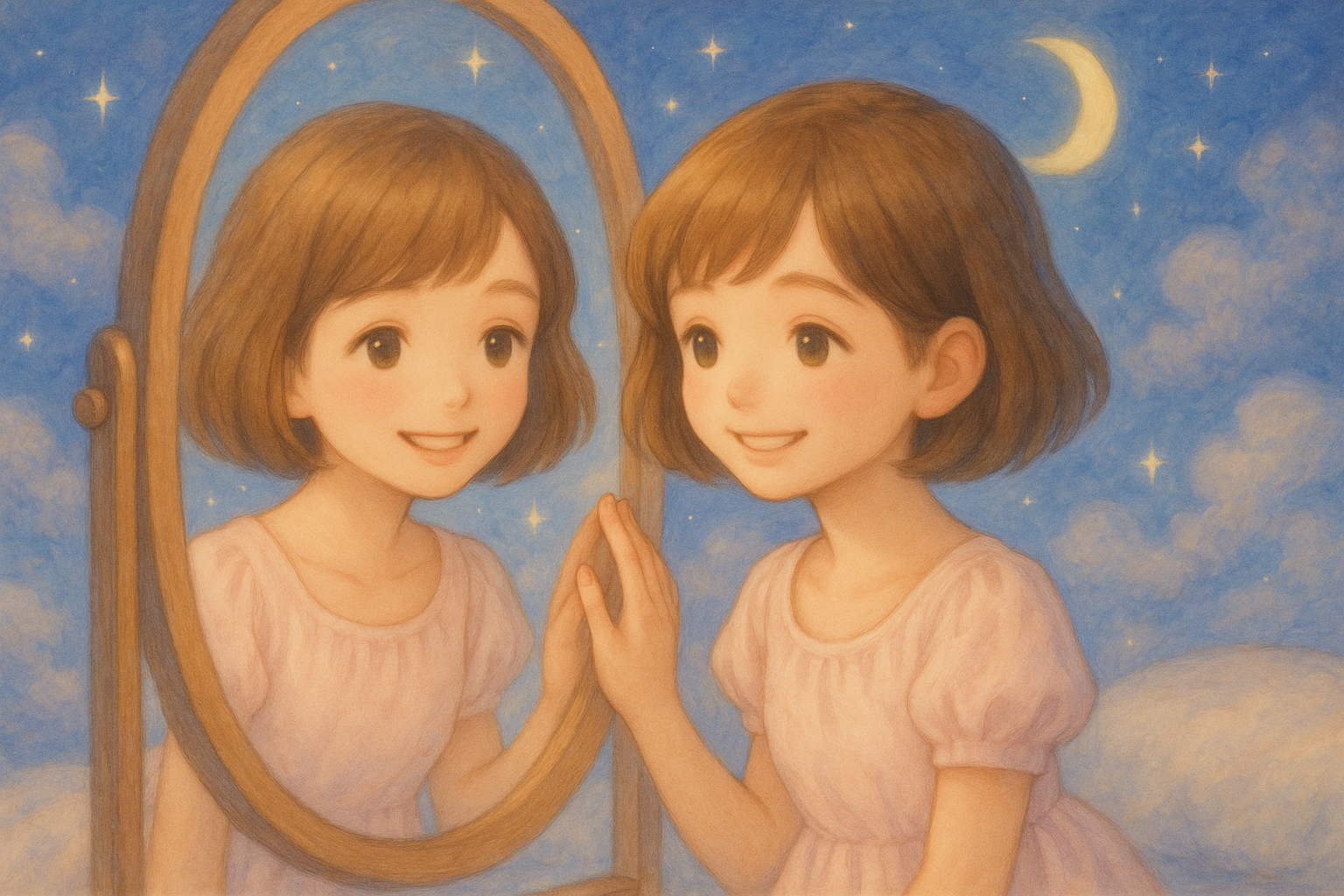夢の中で鏡を見て微笑んでいる少女