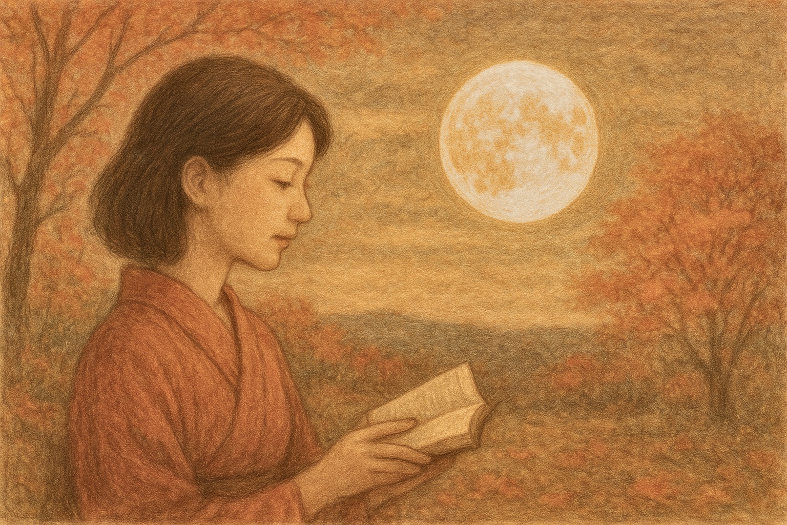 読書の秋で月の下で読書をする女性のイラスト