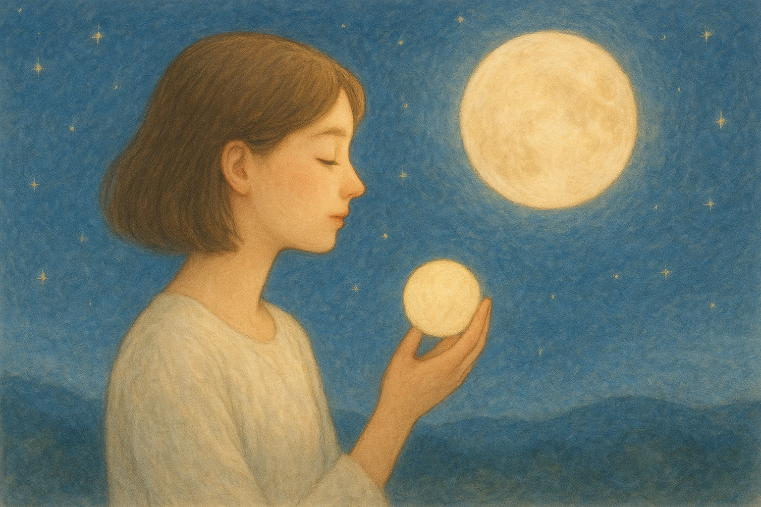 月のレプリカを持ちながらお月見をしている女性の画像