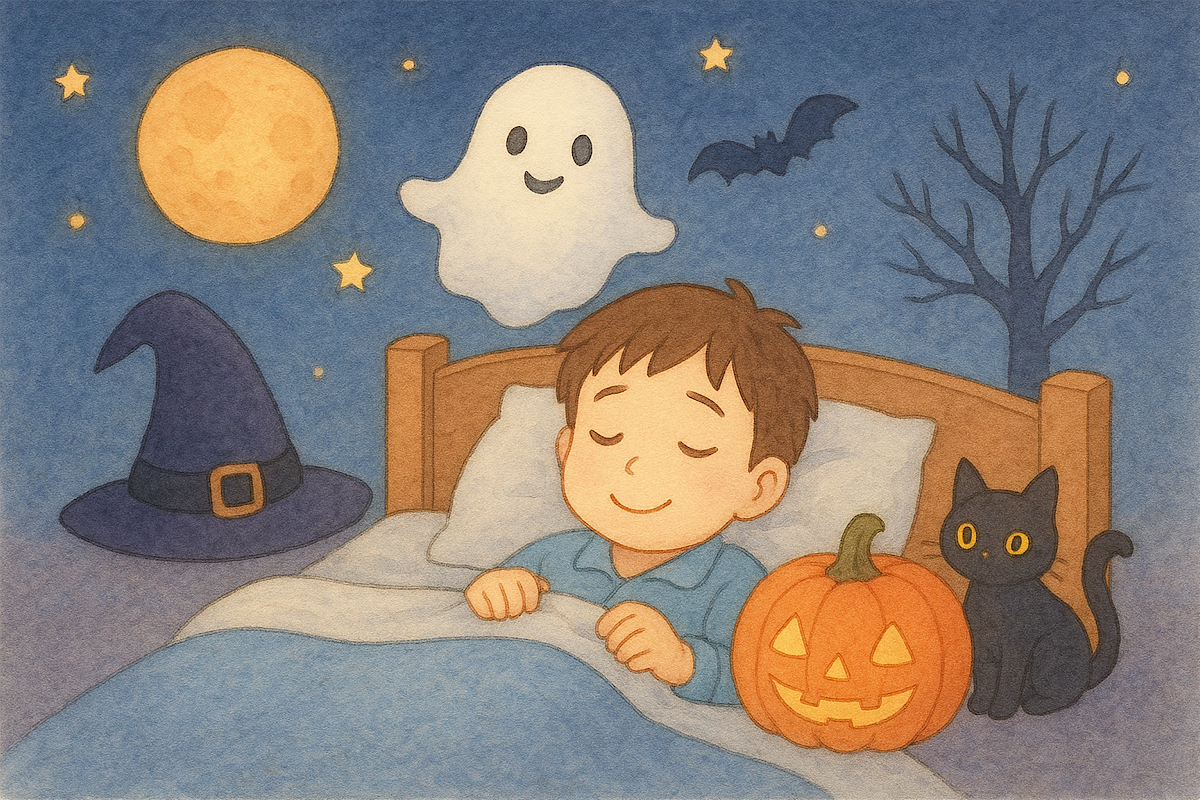 ハロウィンモチーフに囲まれて夢を見る少年の画像