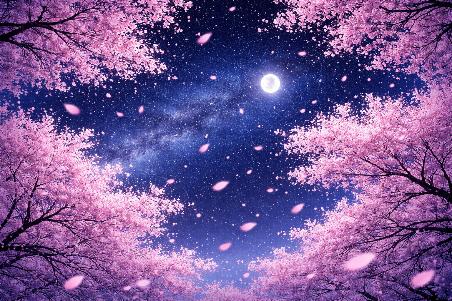 月夜に照らされた満開の桜の画像