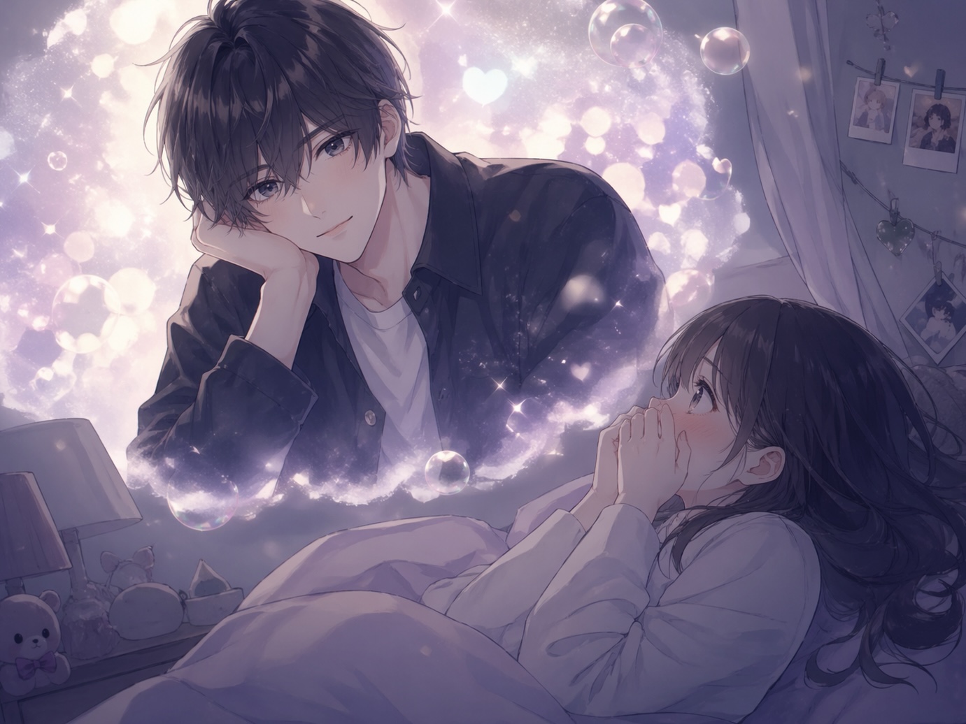 夢に推しのアイドルが出てきて驚いている女性のイラスト