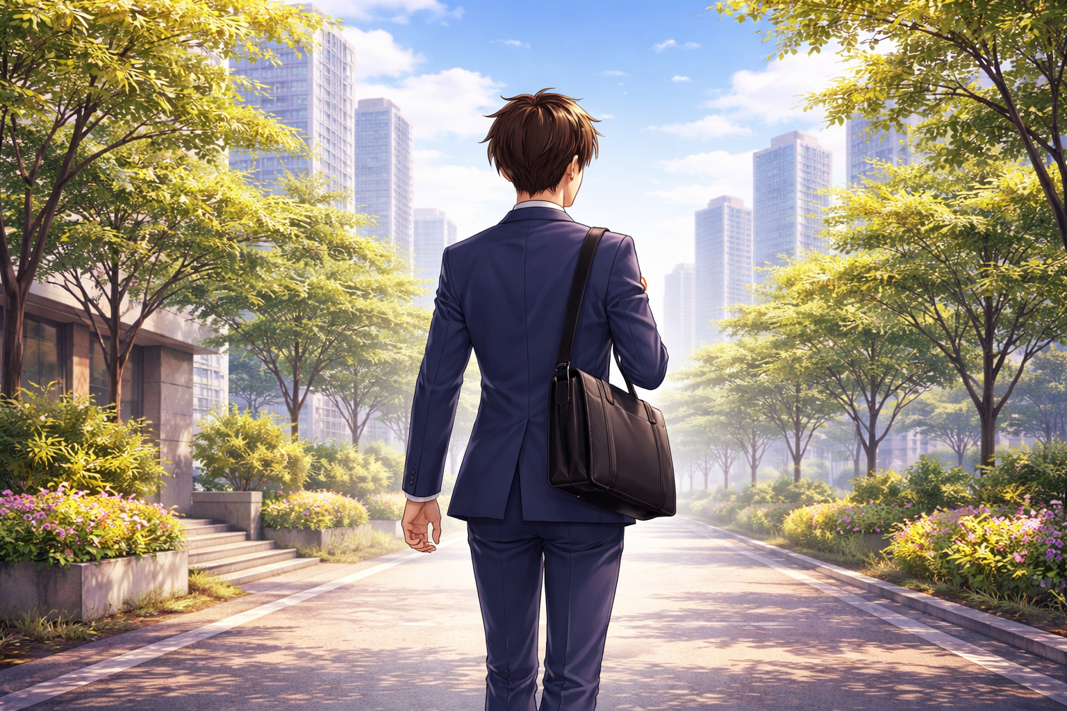 新生活へ向けてスーツ姿で都会の並木道を歩く男性